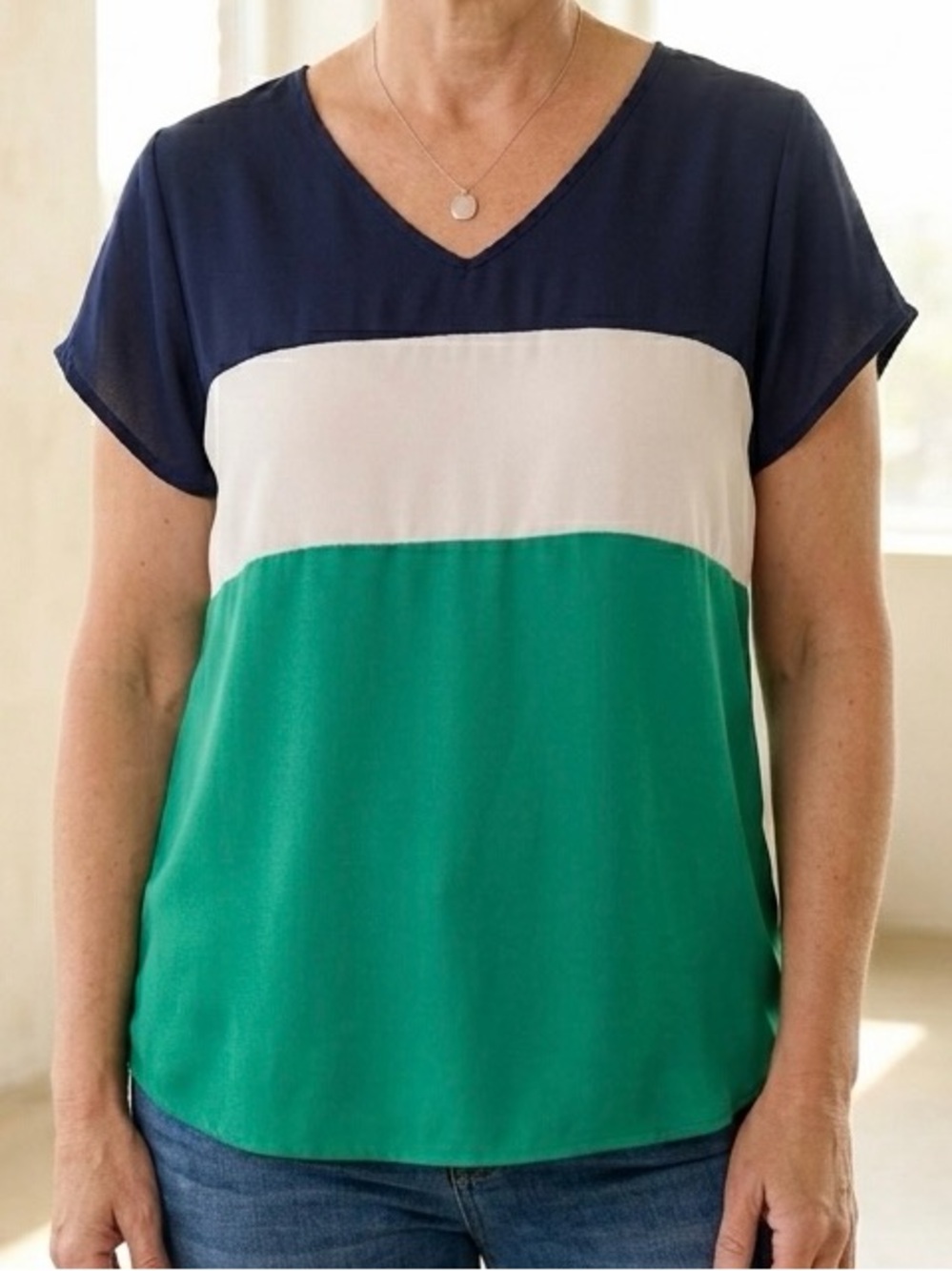 Vintage 90s C'est La Vie Colorblock Blouse Navy Green White Crepe Top Medium EUC